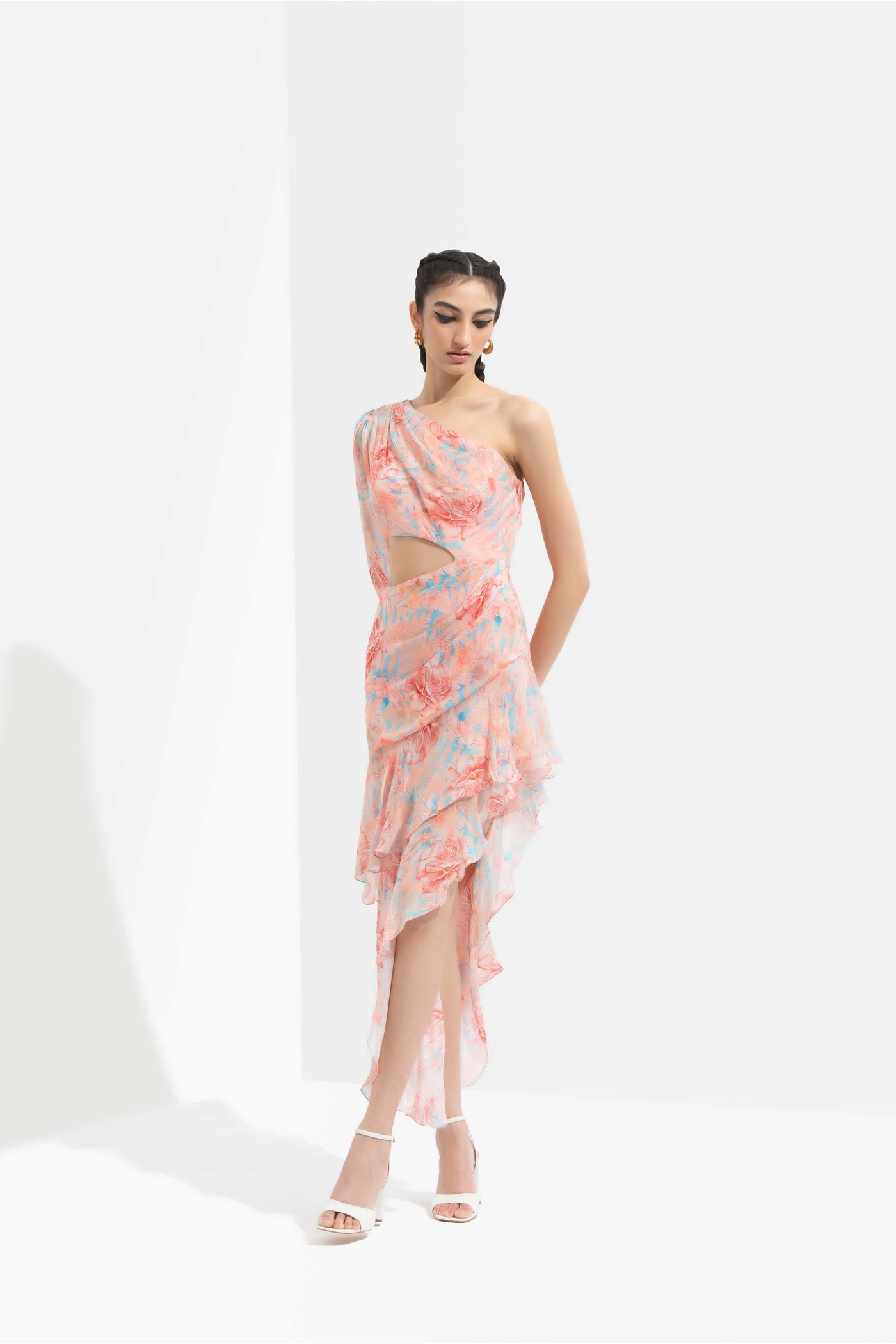 Mandira Wirk Rabenda printed chiffon one off shoulder dress with waist cut and layered high low hem orange western indian designer wear online shopping melange singapore