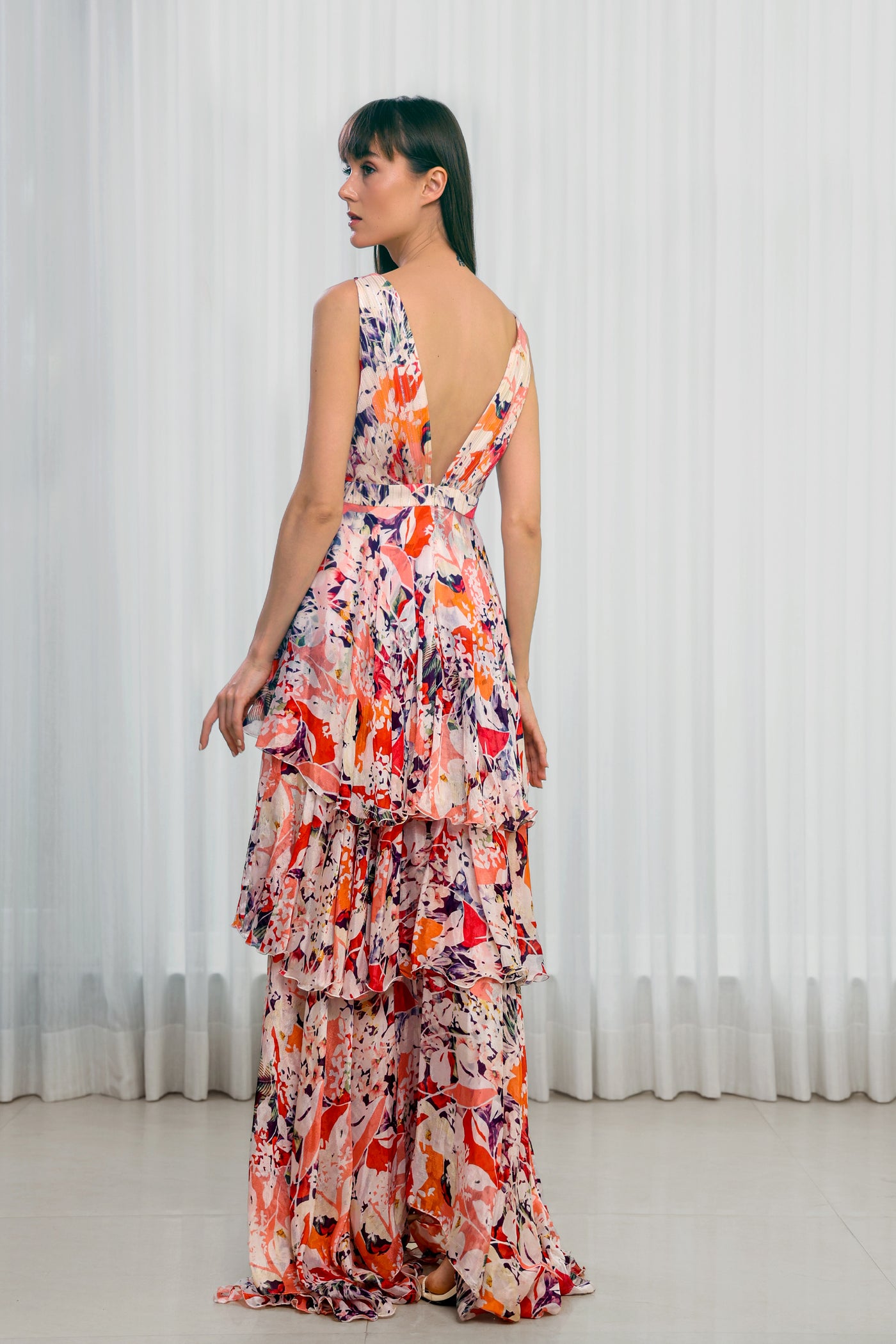 Mandira Wirk Rose Bud Printed Chiffon Layered Dress indian designer wear online shopping melange singapore