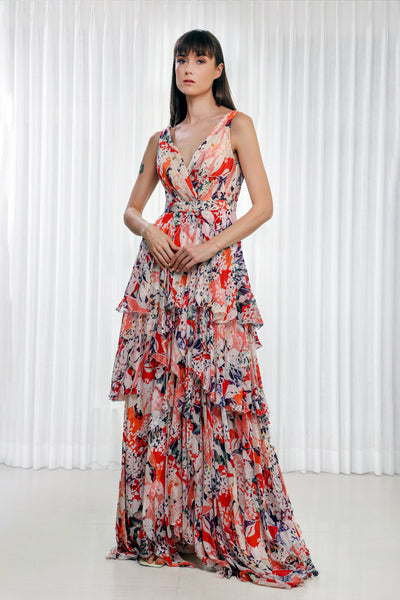 Mandira Wirk Rose Bud Printed Chiffon Layered Dress indian designer wear online shopping melange singapore
