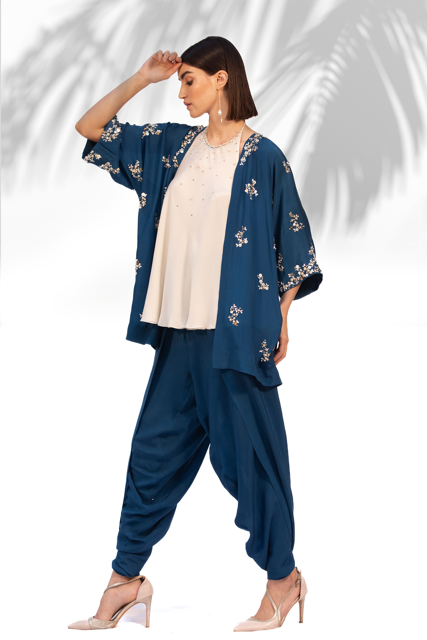 Mandira Wirk Sapphire Blue Kimono With Halter Neck Top And Dhoti Set festive indian designer wear online shopping melange singapore