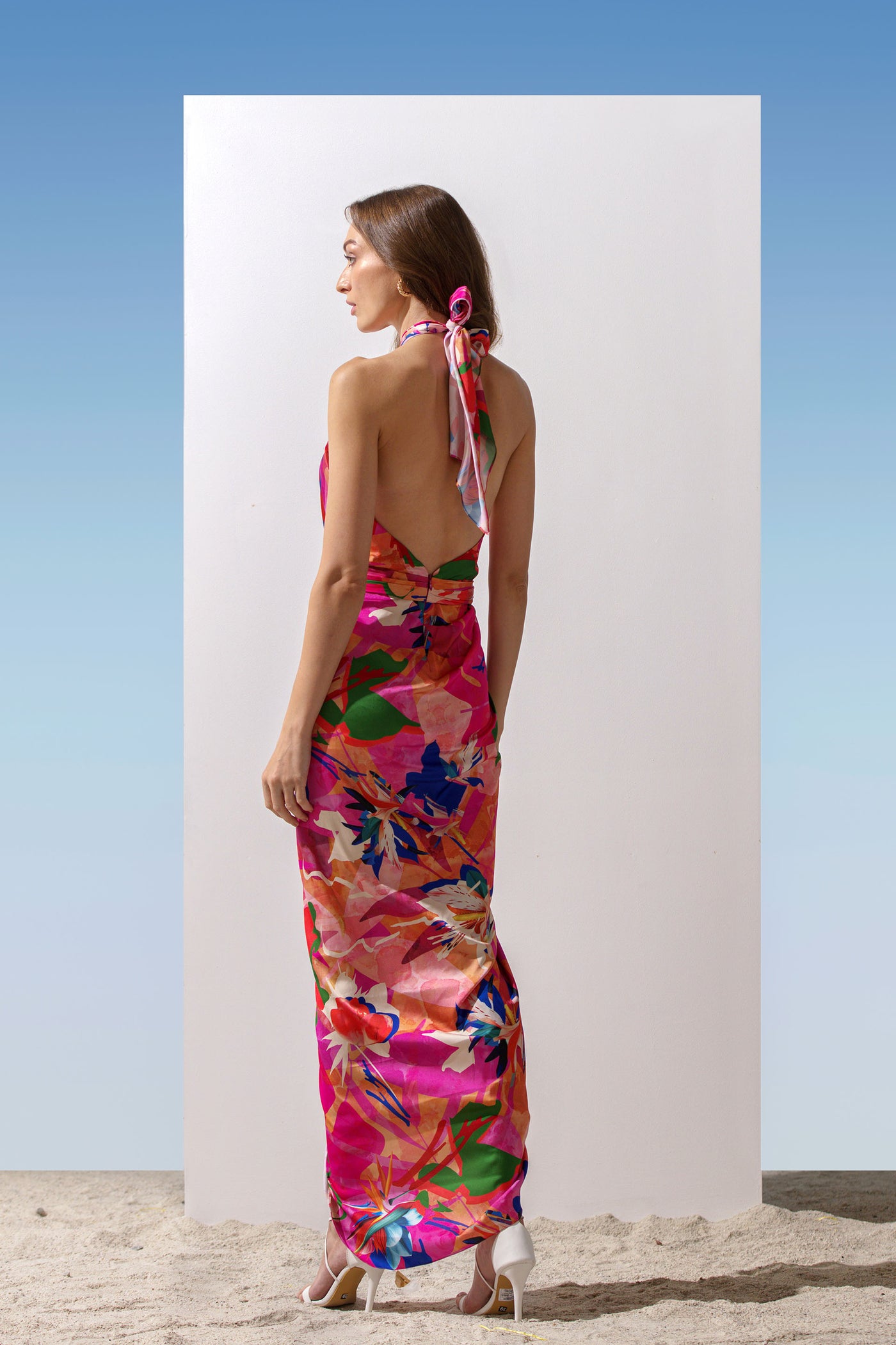 Mandira Wirk Satin Abstract Printed Draped Halter Neck Dress With Waist Tie Up Detail dark pink western indian designer wear online shopping melange singapore