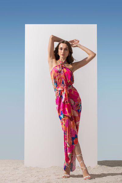 Mandira Wirk Satin Abstract Printed Draped Halter Neck Dress With Waist Tie Up Detail dark pink western indian designer wear online shopping melange singapore