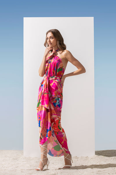 Mandira Wirk Satin Abstract Printed Draped Halter Neck Dress With Waist Tie Up Detail dark pink western indian designer wear online shopping melange singapore