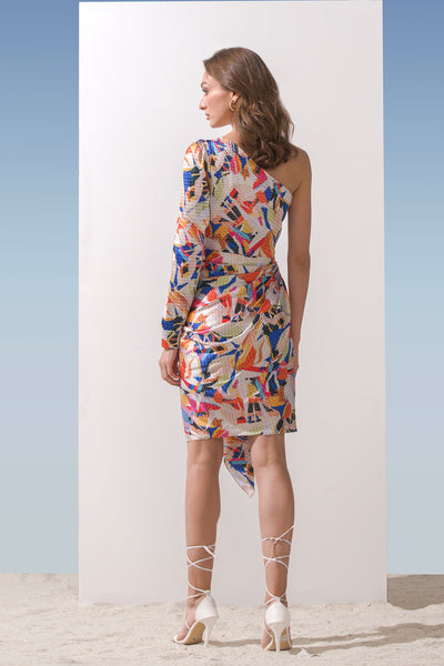 Mandira Wirk Satin geometric printed one shoulder  dress with front wrap detail multicolour western indian designer wear online shopping melange singapore
