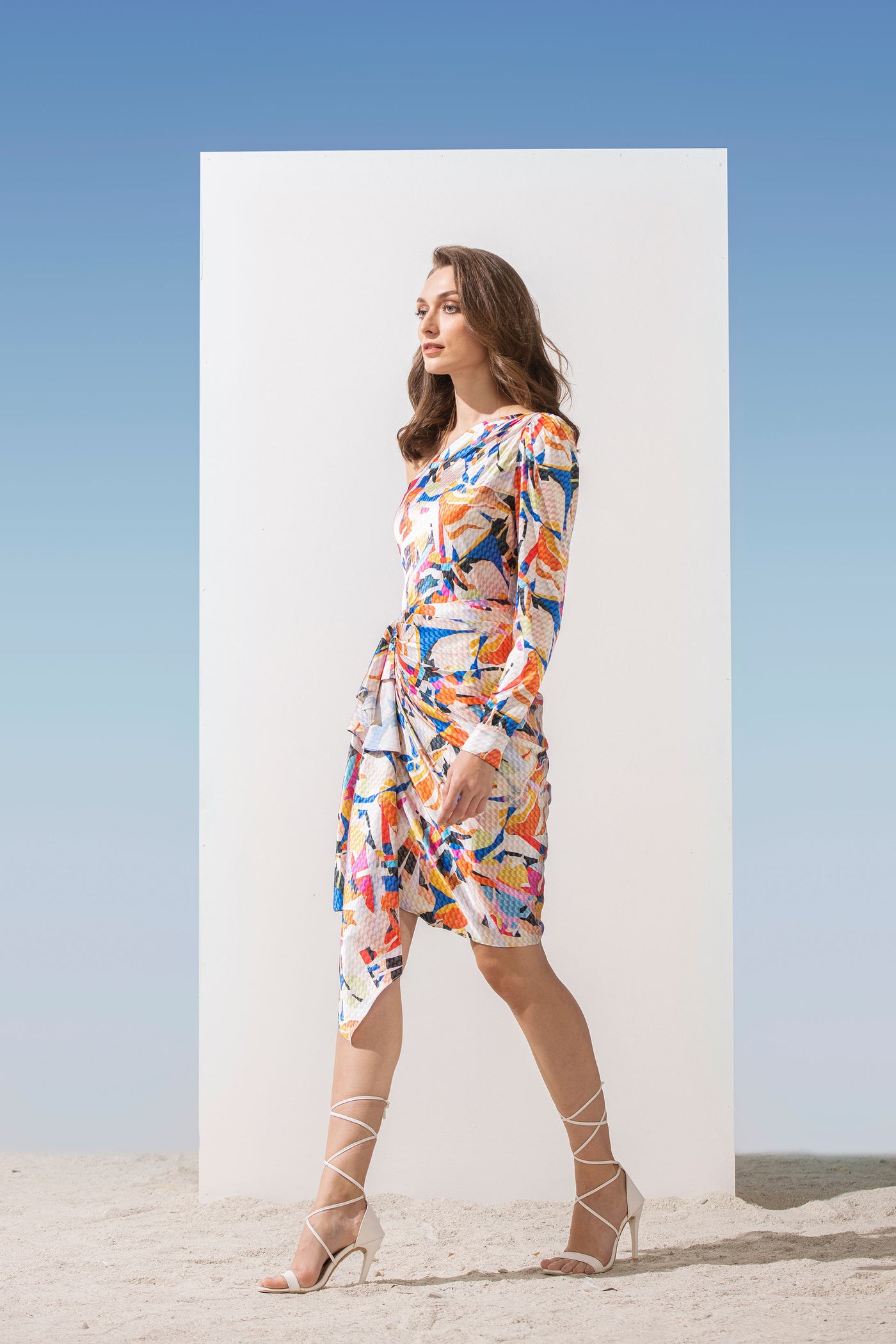 Mandira Wirk Satin geometric printed one shoulder  dress with front wrap detail multicolour western indian designer wear online shopping melange singapore