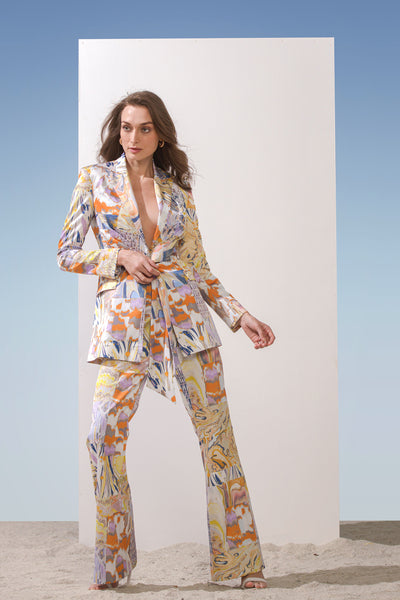 Mandira Wirk Satin marbling printed front tie-up jacket with printed bell bottom pants yellow western indian designer wear online shopping melange singapore