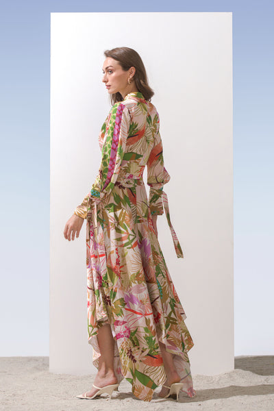 Mandira Wirk Satin Printed Assymmetric Dress With Cuff Tie Up And Front Buttons Detail green western indian designer wear online shopping melange singapore