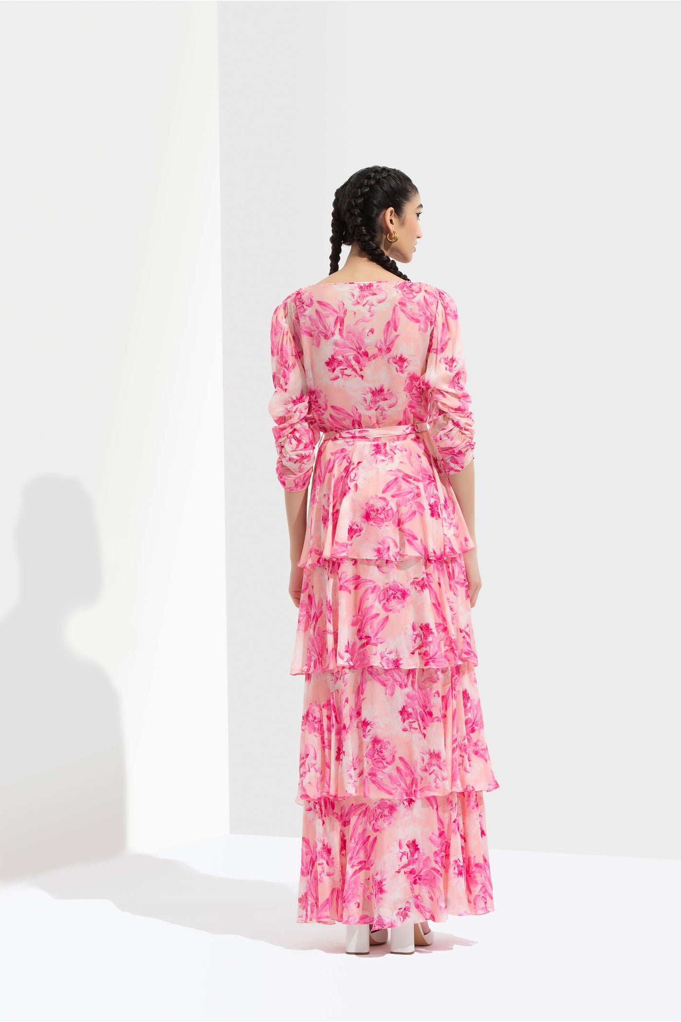 Mandira Wirk Sakura printed chiffon tiered long dress with v-neckline and slip inside pink western indian designer wear online shopping melange singapore