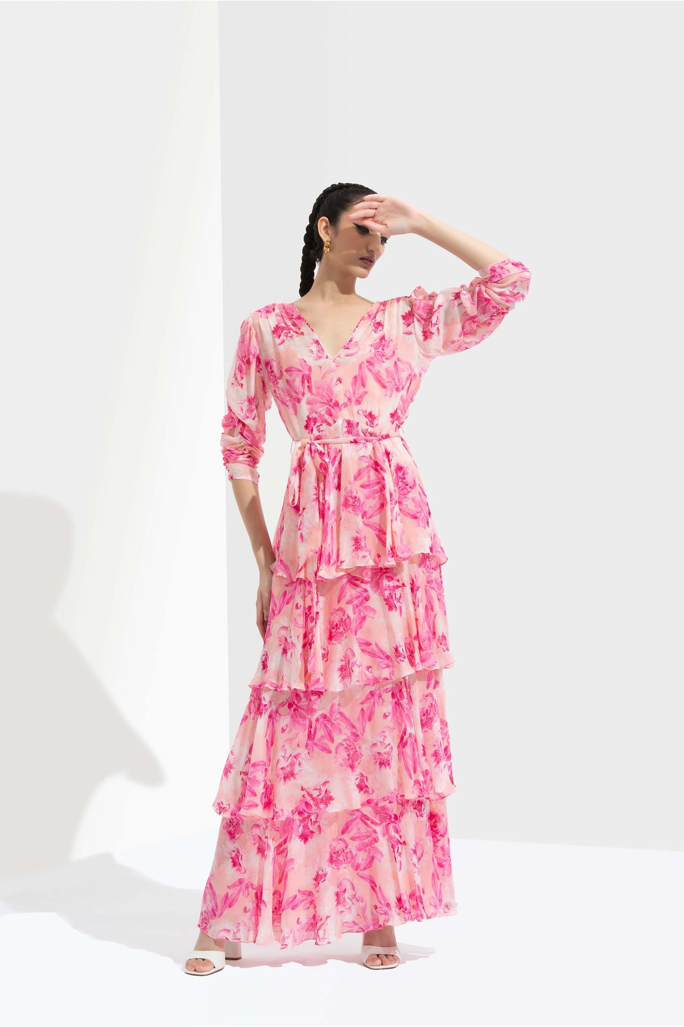 Mandira Wirk Sakura printed chiffon tiered long dress with v-neckline and slip inside pink western indian designer wear online shopping melange singapore