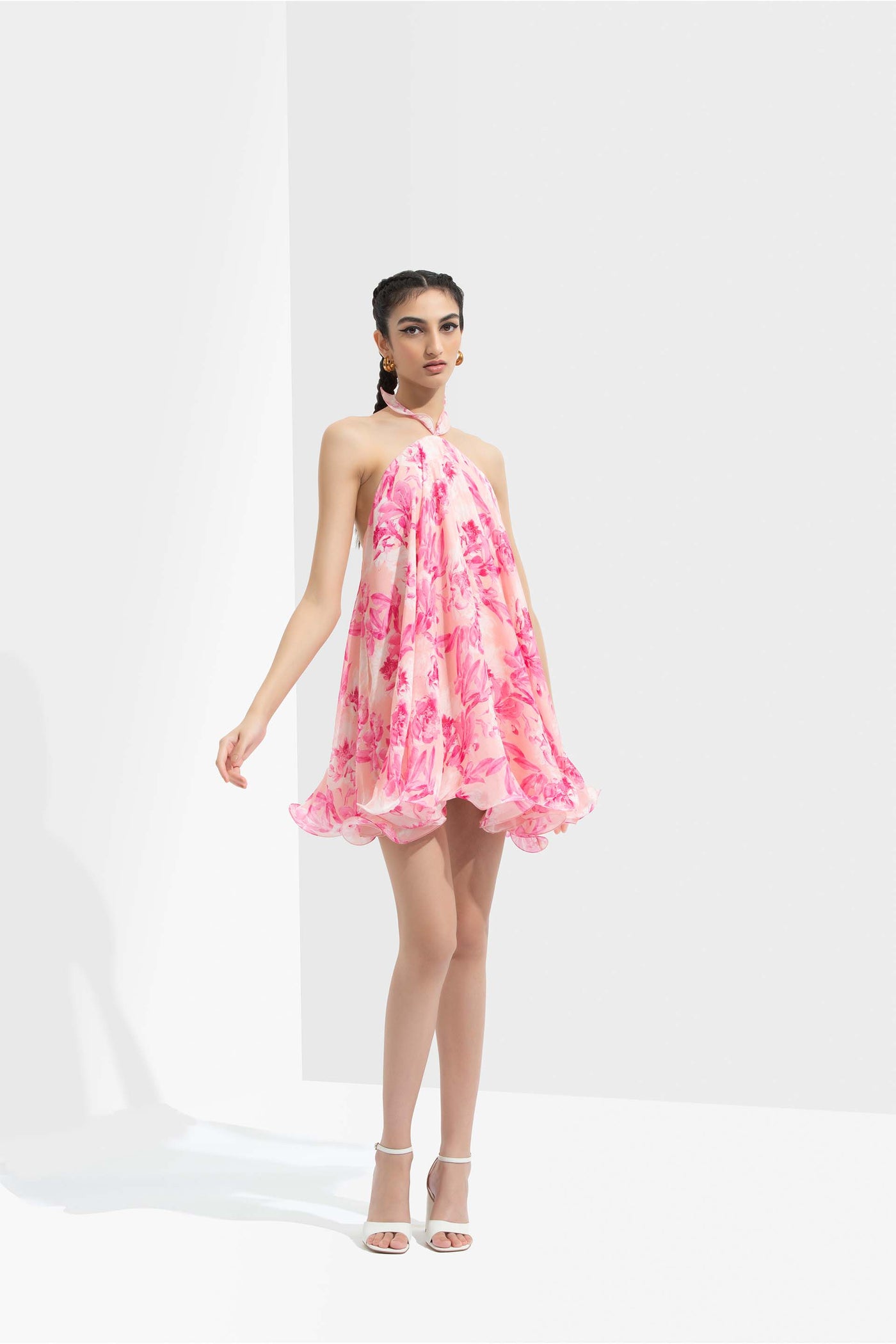 Mandira Wirk Sakura printed chiffon flaired halter neck short dress pink western indian designer wear online shopping melange singapore