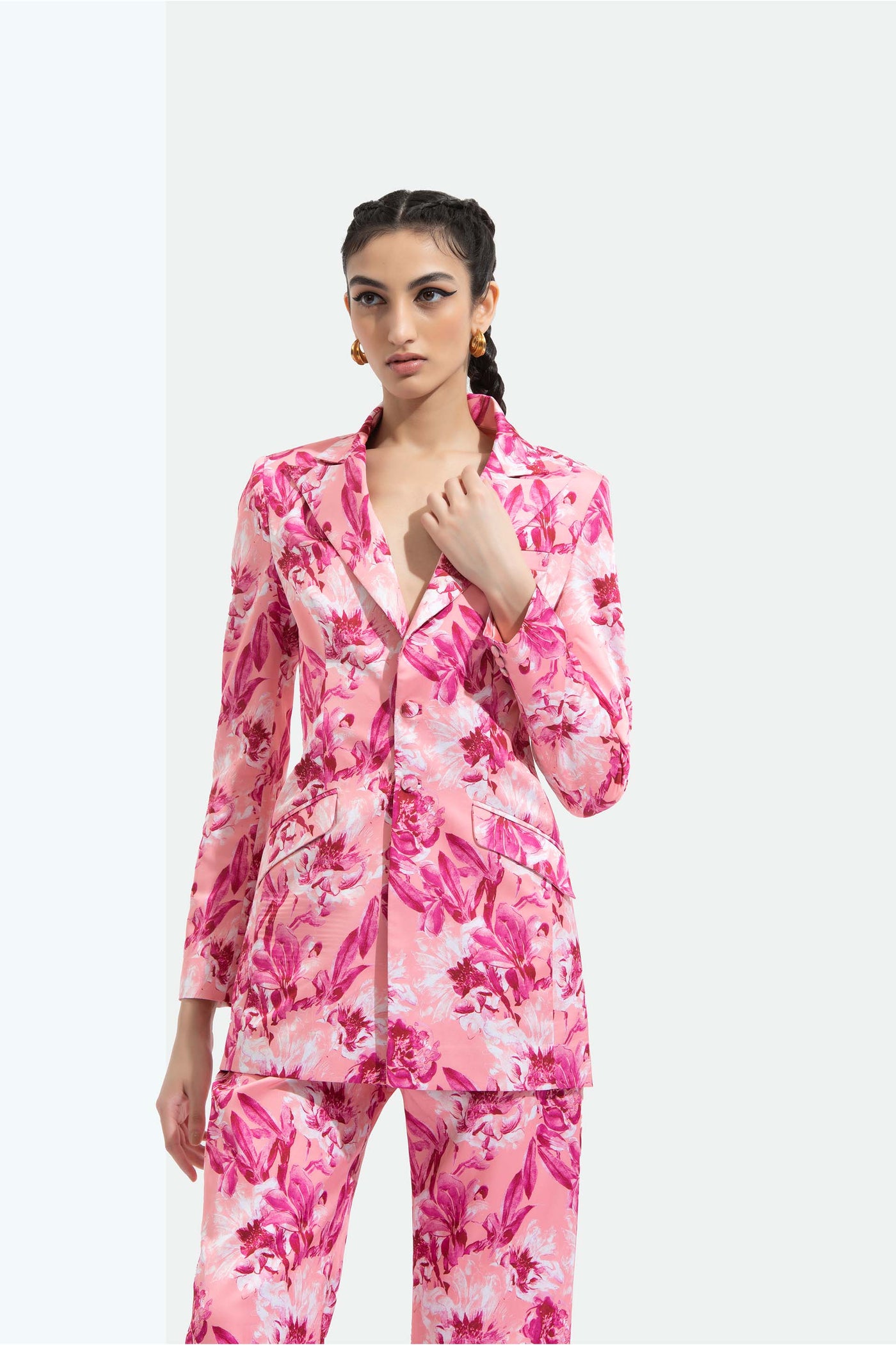 Mandira Wirk Sakura printed satin jacket paired with printed satin bootleg trouser pink western indian designer wear online shopping melange singapore