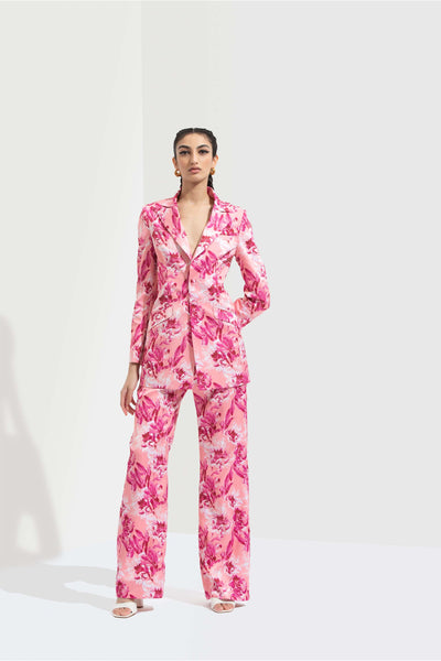Mandira Wirk Sakura printed satin jacket paired with printed satin bootleg trouser pink western indian designer wear online shopping melange singapore