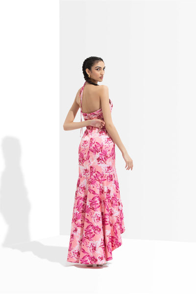 Mandira wirk Sakura printed satin high low dress pink western indian designer wear online shopping melange singapore