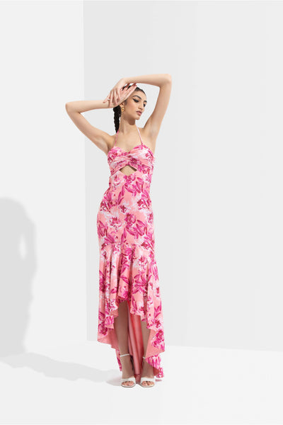 Mandira wirk Sakura printed satin high low dress pink western indian designer wear online shopping melange singapore