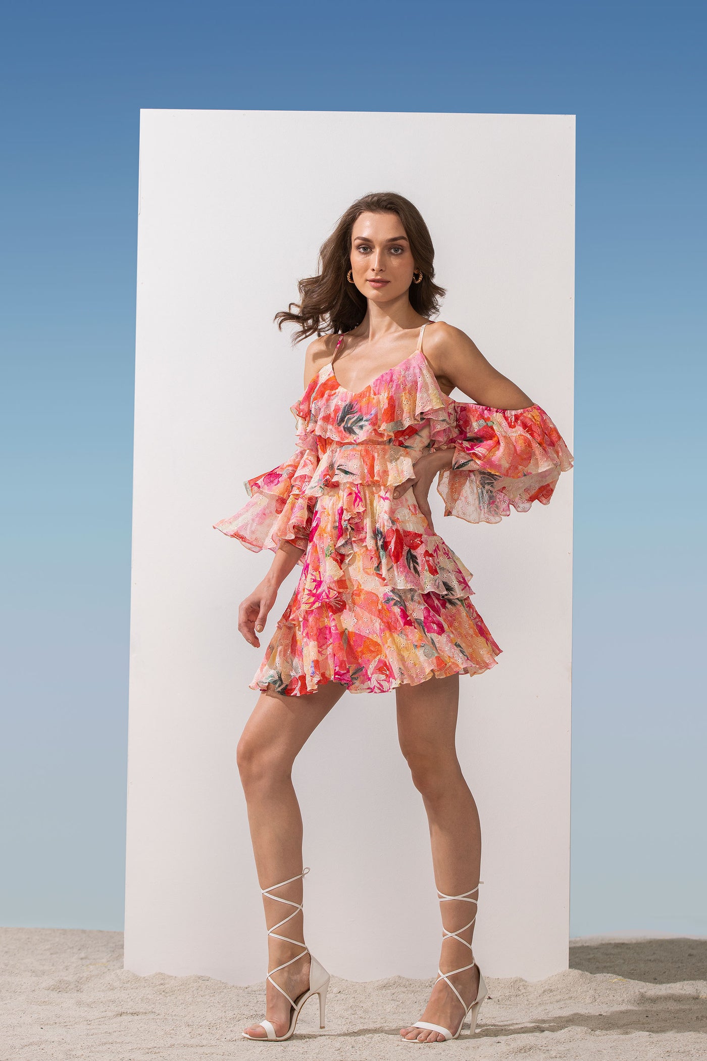 Mandira Wirk Schiffli Printed Layered Short Dress With Frilled Sleeves pink western indian designer wear online shopping melange singapore