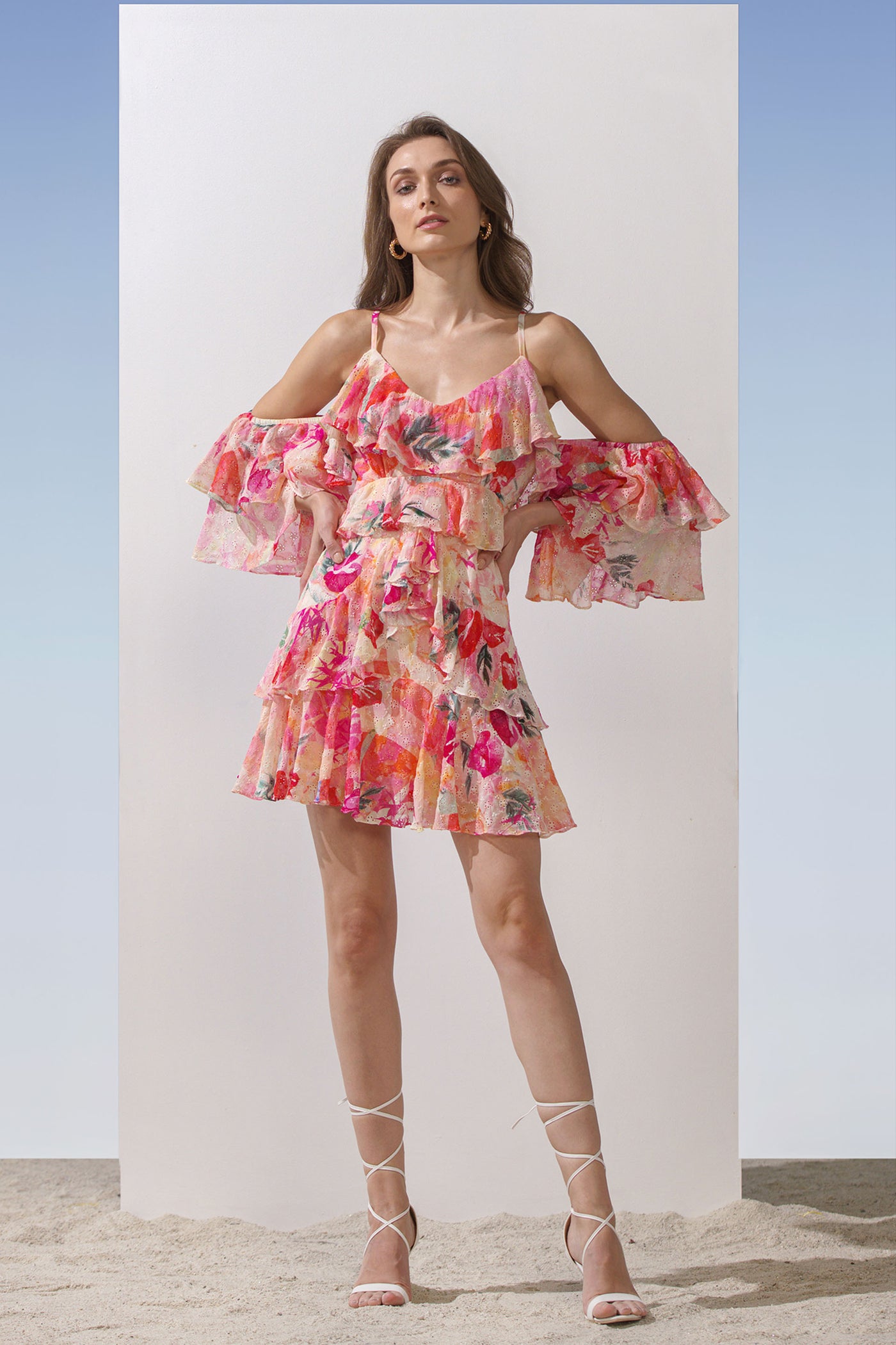 Mandira Wirk Schiffli Printed Layered Short Dress With Frilled Sleeves pink western indian designer wear online shopping melange singapore