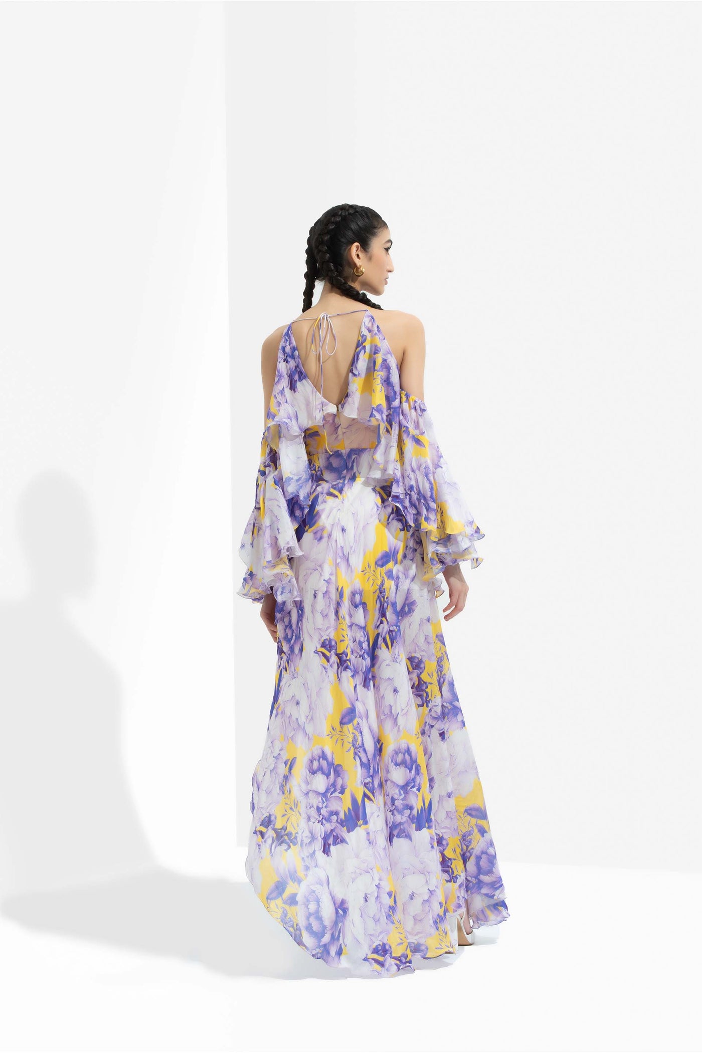 mandira Wirk Sumire printed chiffon butterfly dress with high low hem and side slit purple western indian designer wear online shopping melange singapore