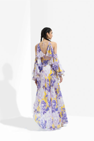 mandira Wirk Sumire printed chiffon butterfly dress with high low hem and side slit purple western indian designer wear online shopping melange singapore