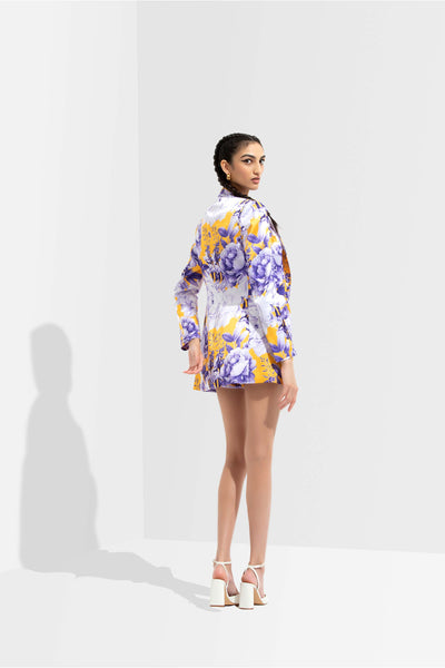 Mandira Wirk Sumire printed satin jacket paired with sumire printed satin bustier and shorts purple western indian designer wear online shopping melange singapore