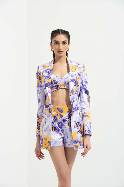 Mandira Wirk Sumire printed satin jacket paired with sumire printed satin bustier and shorts purple western indian designer wear online shopping melange singapore