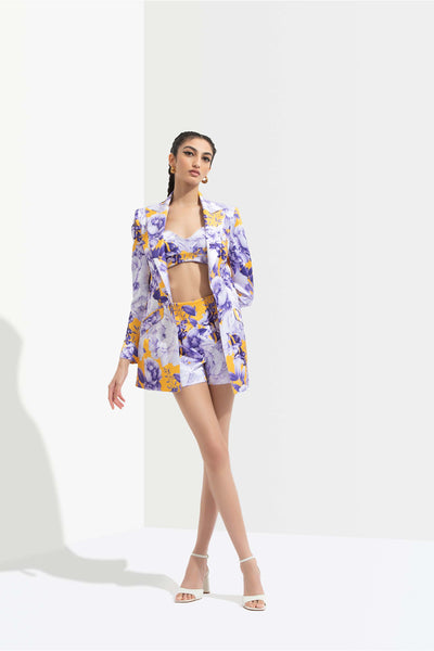 Mandira Wirk Sumire printed satin jacket paired with sumire printed satin bustier and shorts purple western indian designer wear online shopping melange singapore