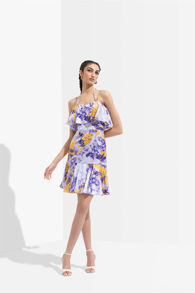 Mandira Wirk Sumire printed satin layered midi dress purple western indian designer wear online shopping melange singapore