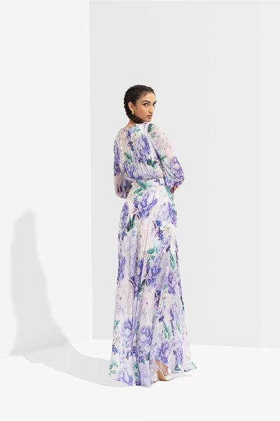 Mandira Wirk Ume printed chiffon asymmetric dress with side slit and attached belt purple western indian designer wear online shopping melange singapore