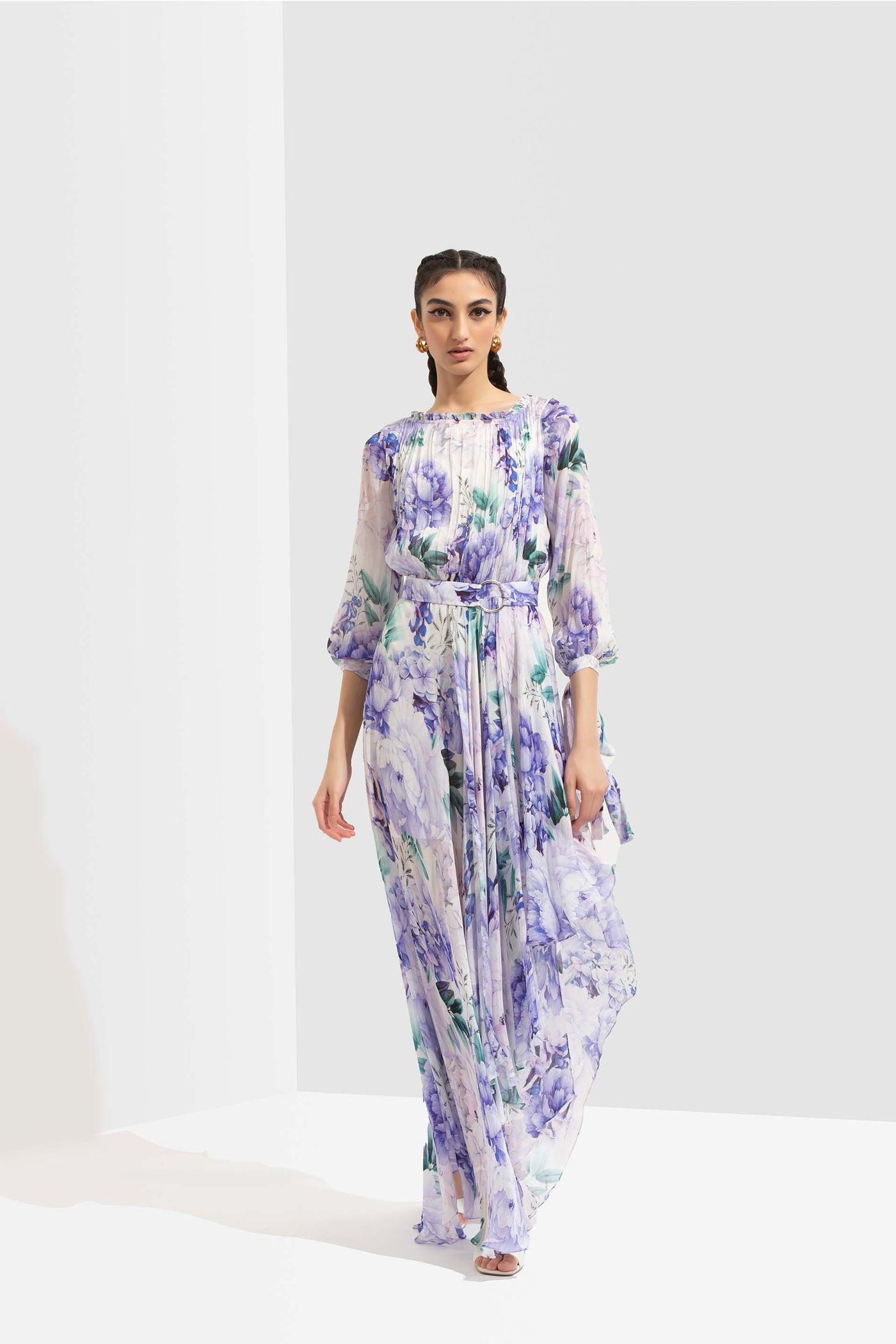 Mandira Wirk Ume printed chiffon asymmetric dress with side slit and attached belt purple western indian designer wear online shopping melange singapore