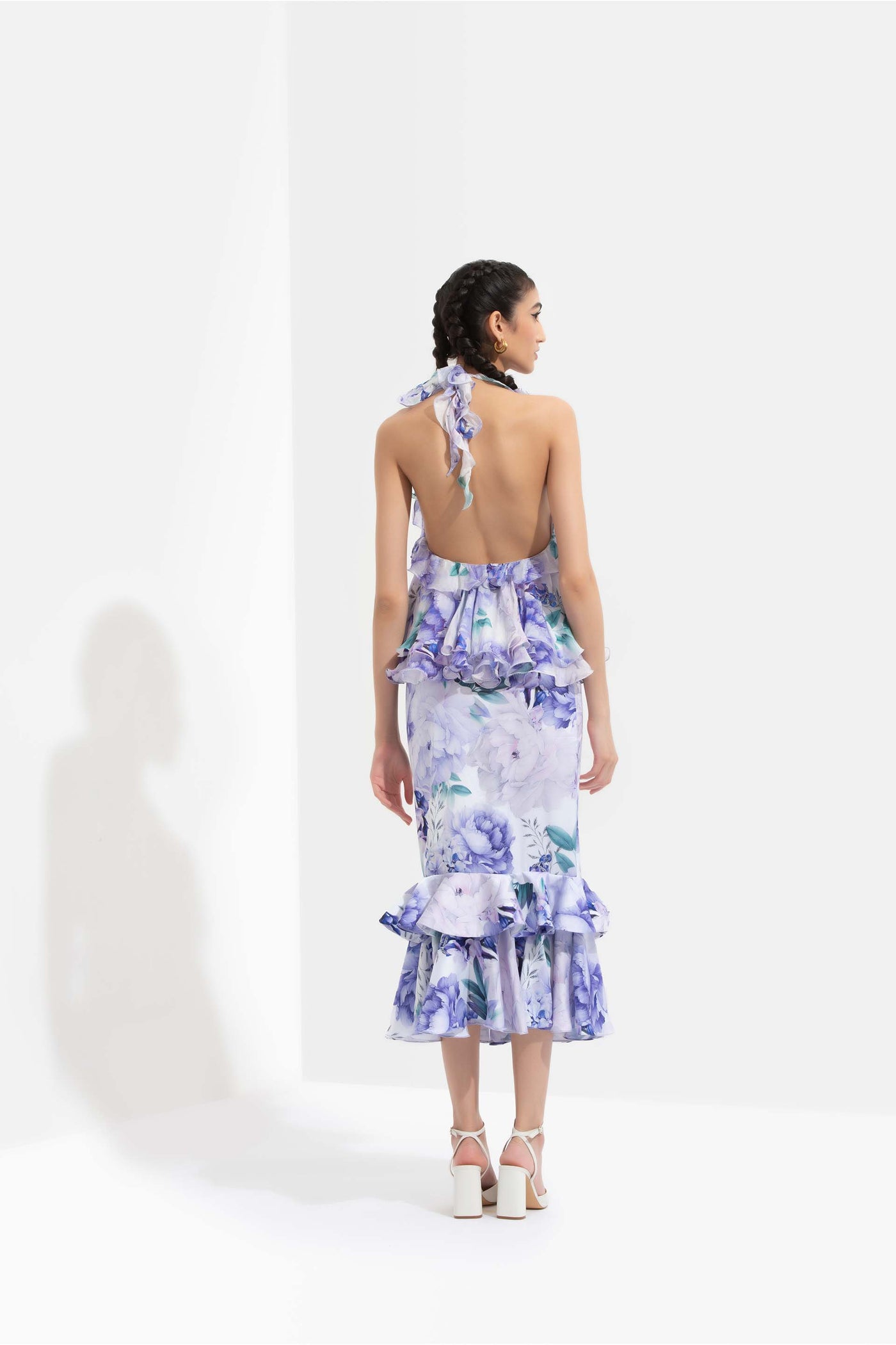 Mandira Wirk Ume printed chiffon double layered halter neck top with low back, paired with ume printed satin layered skirt purple western indian designer wear online shopping melange singapore