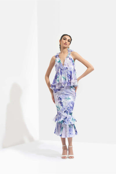 Mandira Wirk Ume printed chiffon double layered halter neck top with low back, paired with ume printed satin layered skirt purple western indian designer wear online shopping melange singapore 
