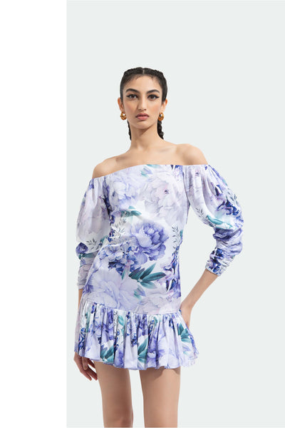 Mandira Wirk Ume printed satin off shoulder short dress blue western indian designer wear online shopping melange singapore