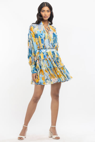 mandira wirk chiffon printed gathered top with tiered skirt yellow and blue western indian designer wear online shopping melange singapore
