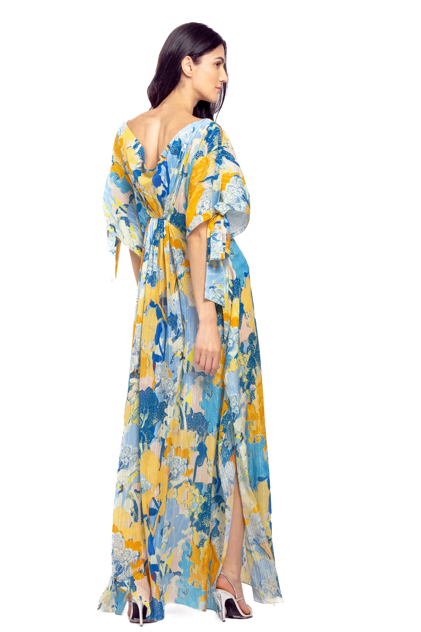 mandira wirk cotton lurex printed kaftan yellow and blue western indian designer wear online shopping melange singapore