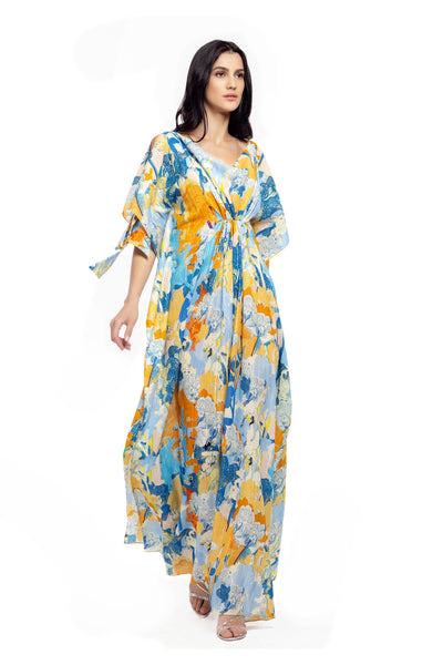 mandira wirk cotton lurex printed kaftan yellow and blue western indian designer wear online shopping melange singapore