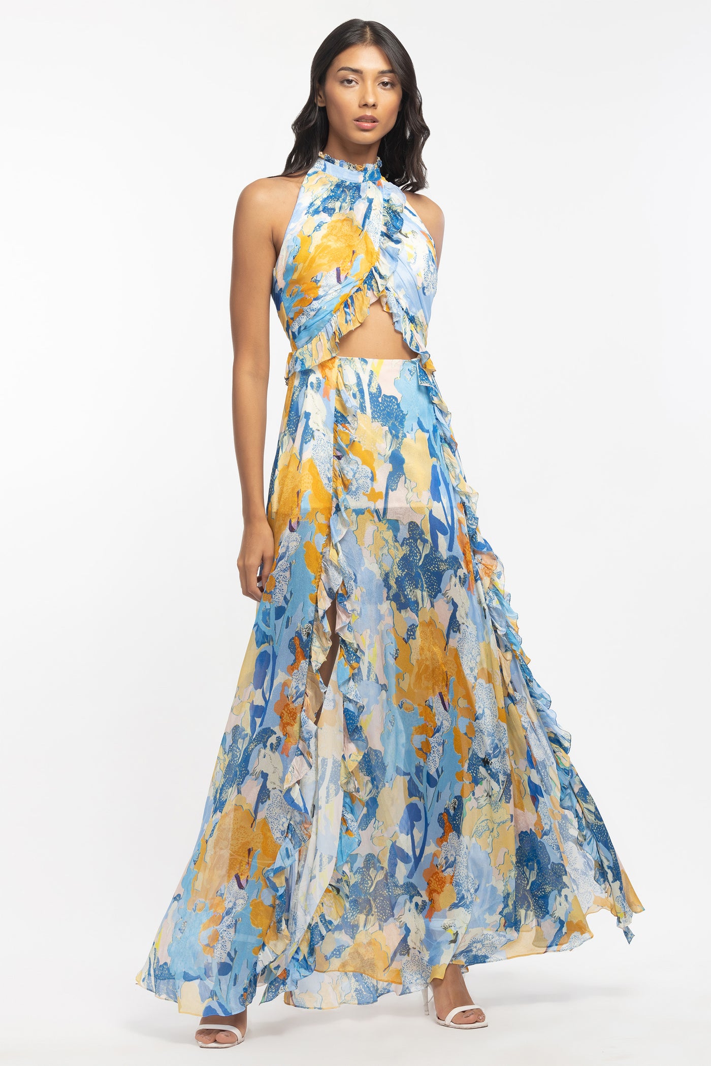 mandira wirk chiffon printed halter neck long dress yellow western indian designer wear online shopping melange singapore