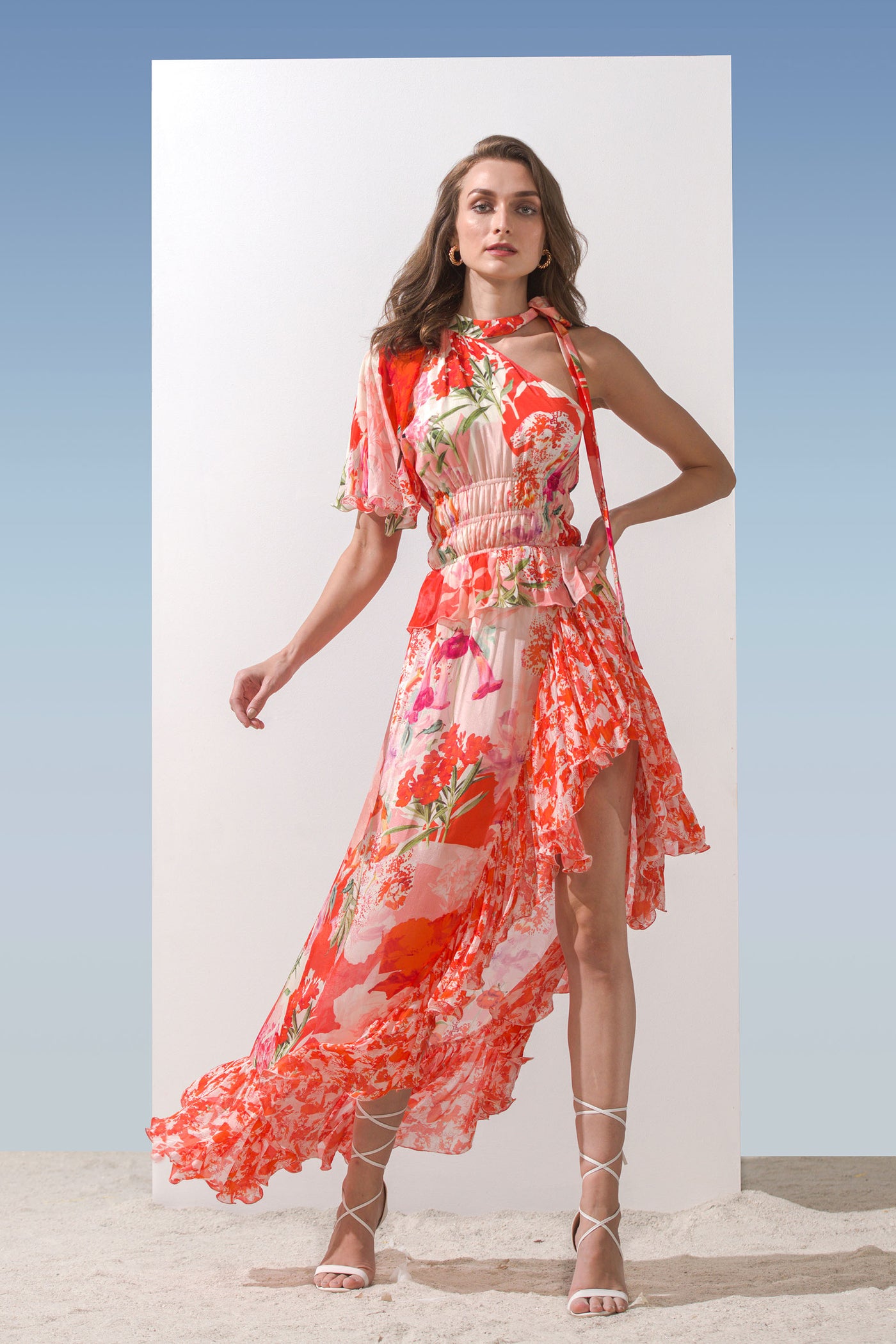Mandira Wirk Chiffon printed dress with waterfall frill bottom and a line sleeves coral western indian designer wear online shopping melange singapore