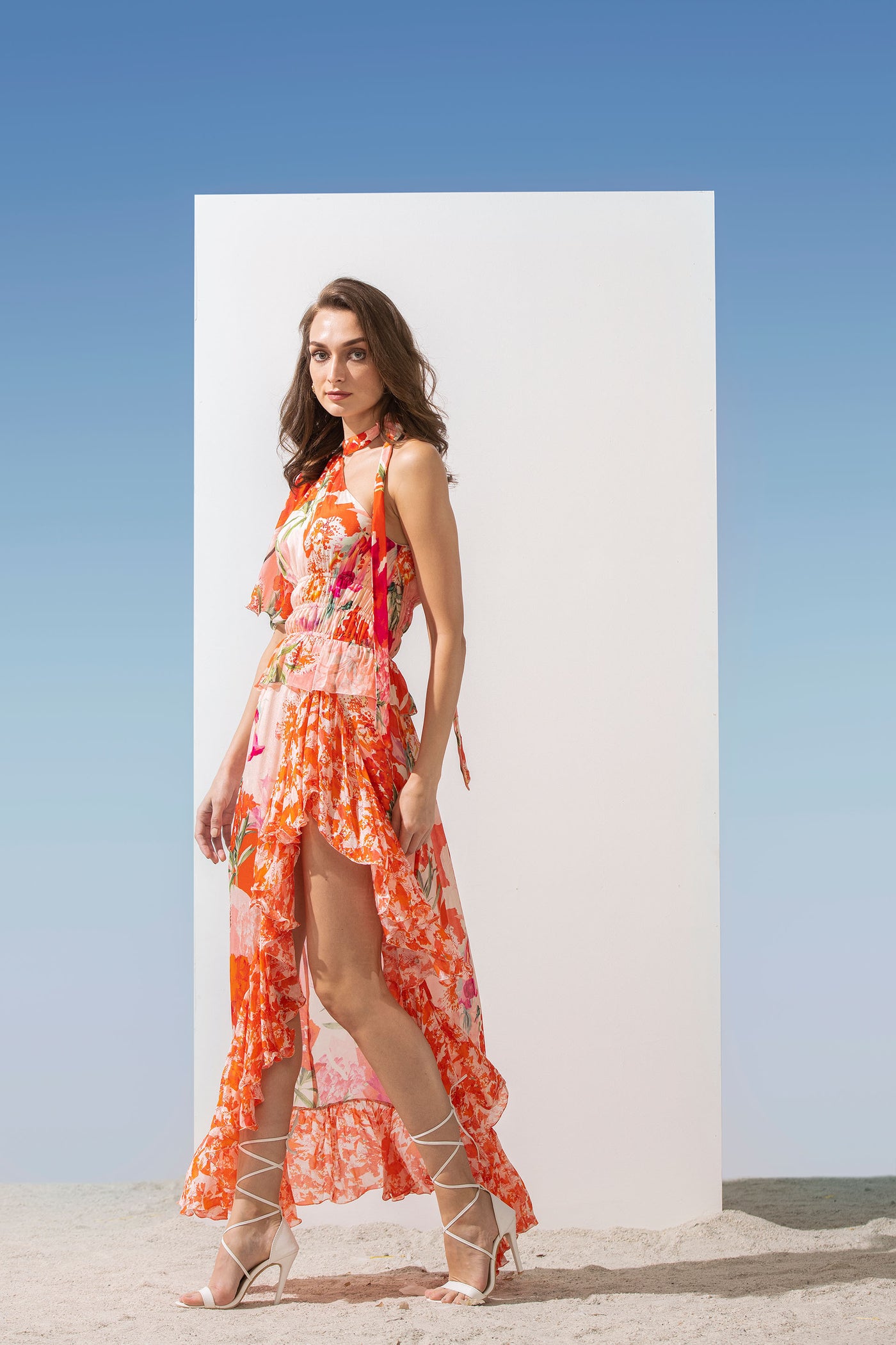 Mandira Wirk Chiffon printed dress with waterfall frill bottom and a line sleeves coral western indian designer wear online shopping melange singapore