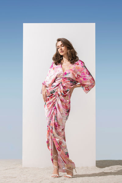 Mandira Wirk Satin Pastel Printed Ruched Kaftan pink western indian designer wear online shopping melange singapore