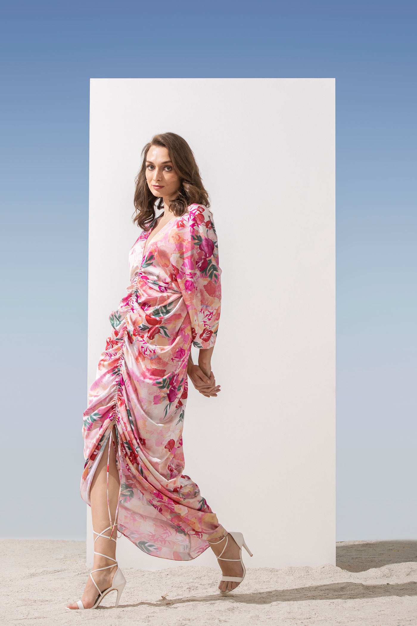 Mandira Wirk Satin Pastel Printed Ruched Kaftan pink western indian designer wear online shopping melange singapore