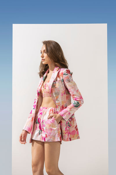 Mandira Wirk Satin pastels printed jacket with printed shorts and gold brasso printed bustier pink western indian designer wear online shopping melange singapore