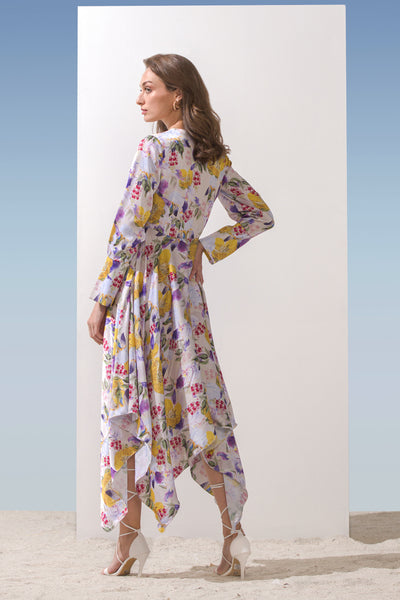 Mandira Wirk Satin Printed Asymmetric Dress With Collar Neck yellow western indian designer wear online shopping melange singapore