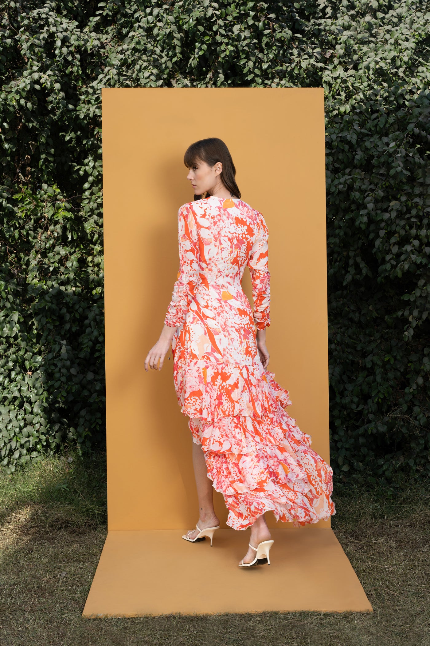 Mandira wirk Maple Leaves Printed Chiffon High Low Wrap Dress orange western indian designer wear online shopping melange singapore