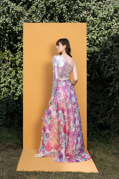 Mandira wirk Hibiscus Printed Sequins Dress With Organza Wrap pink western indian designer wear online shopping melange singapore