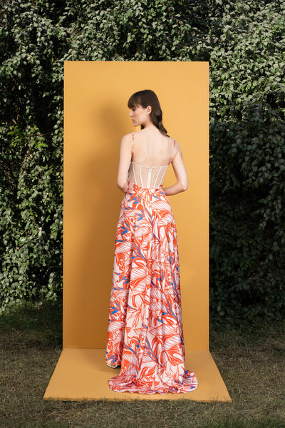 Mandira Willow Printed Satin Long Dress With Boning orange western indian designer wear online shopping melange singapore