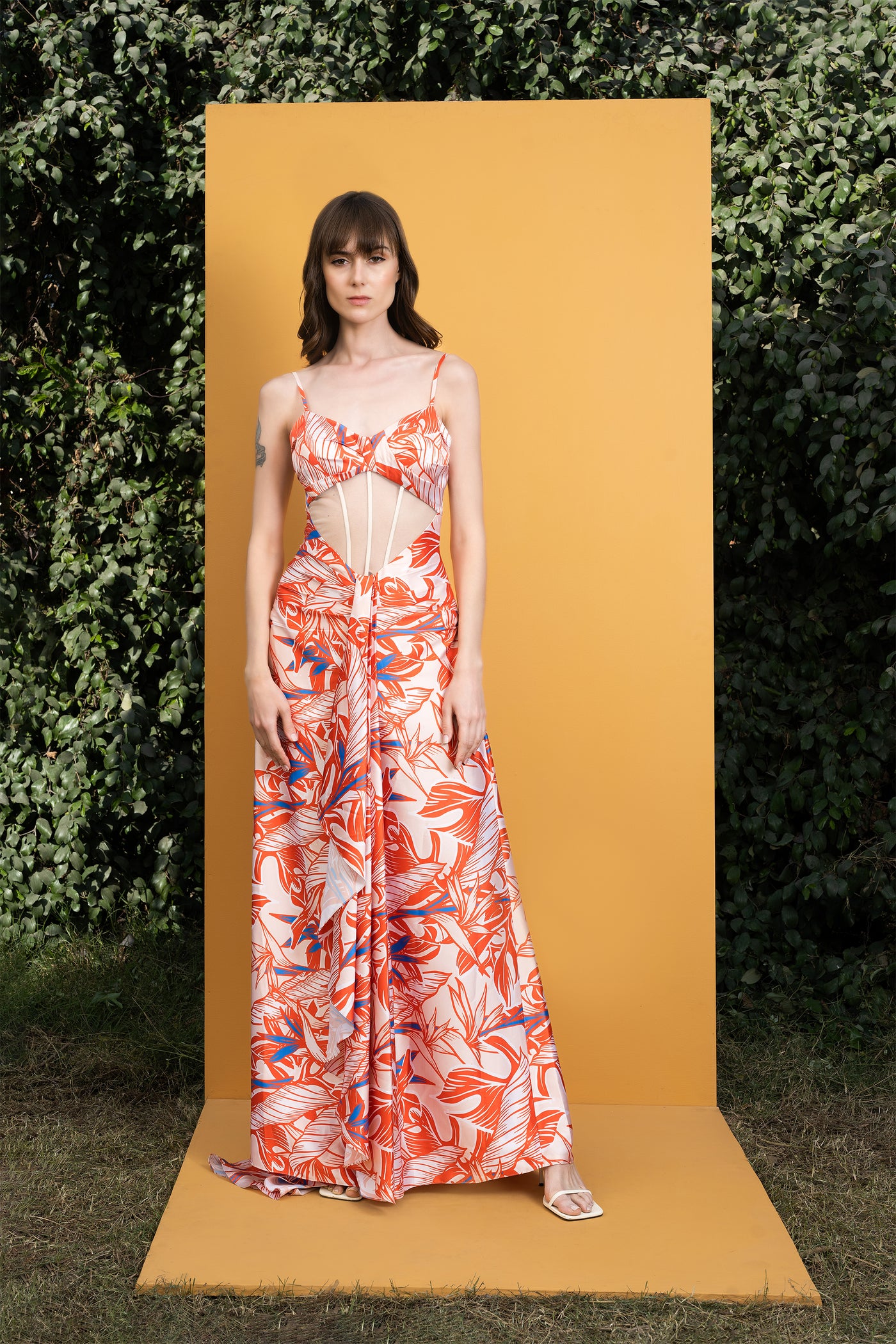 Mandira Willow Printed Satin Long Dress With Boning orange western indian designer wear online shopping melange singapore