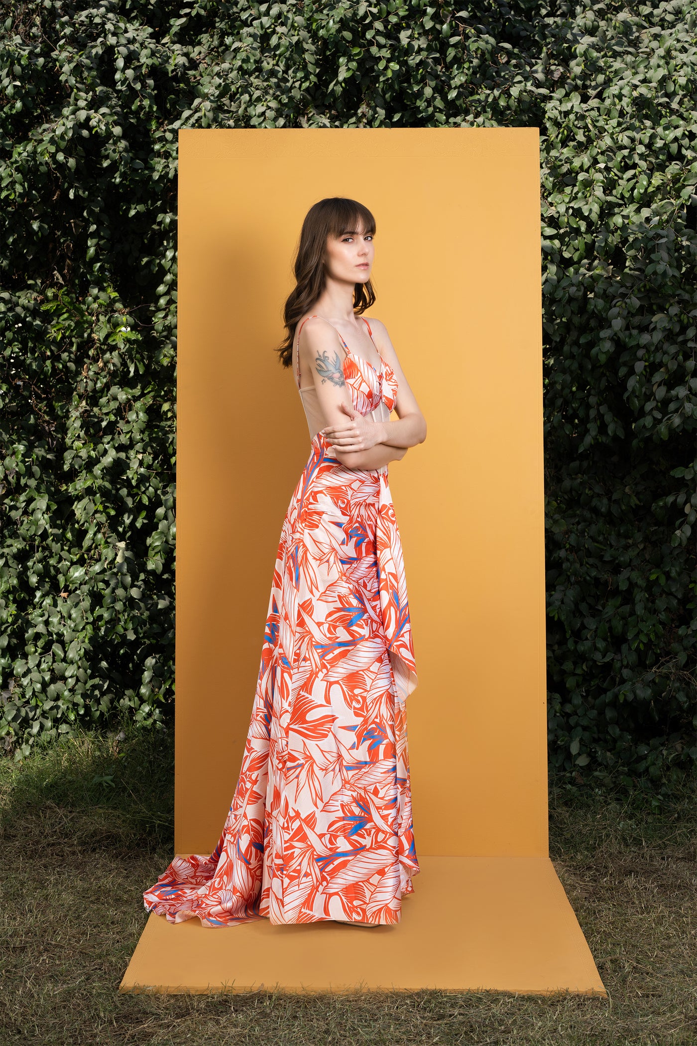 Mandira Willow Printed Satin Long Dress With Boning orange western indian designer wear online shopping melange singapore