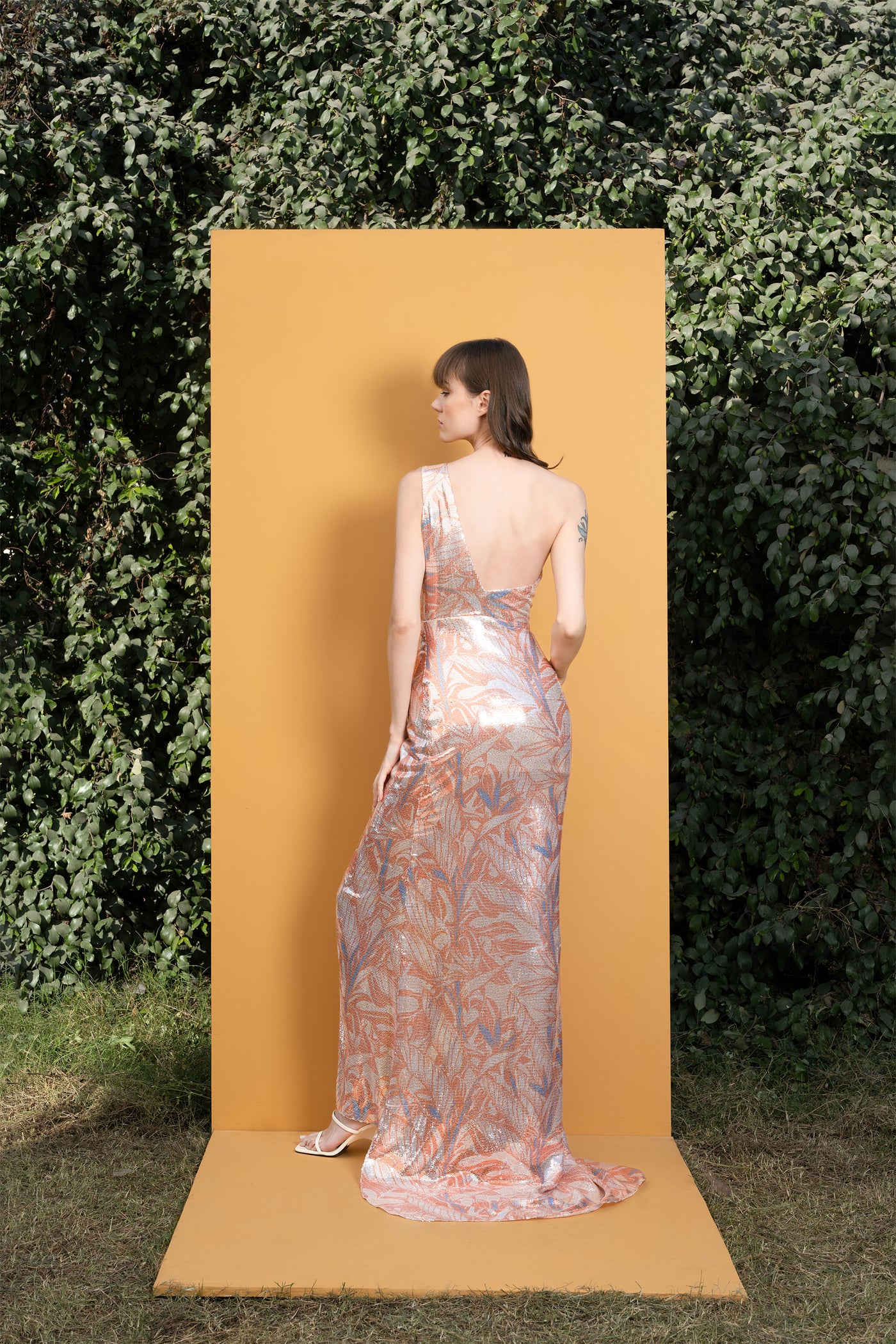 Mandira wirk Willow Printed Sequins One Shoulder Long Dress orange western indian designer wear online shopping melange singapore