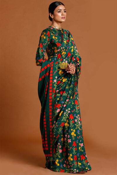 masaba Bottle Green Autumn Bouquet Saree festive indian designer wear online shopping melange singapore