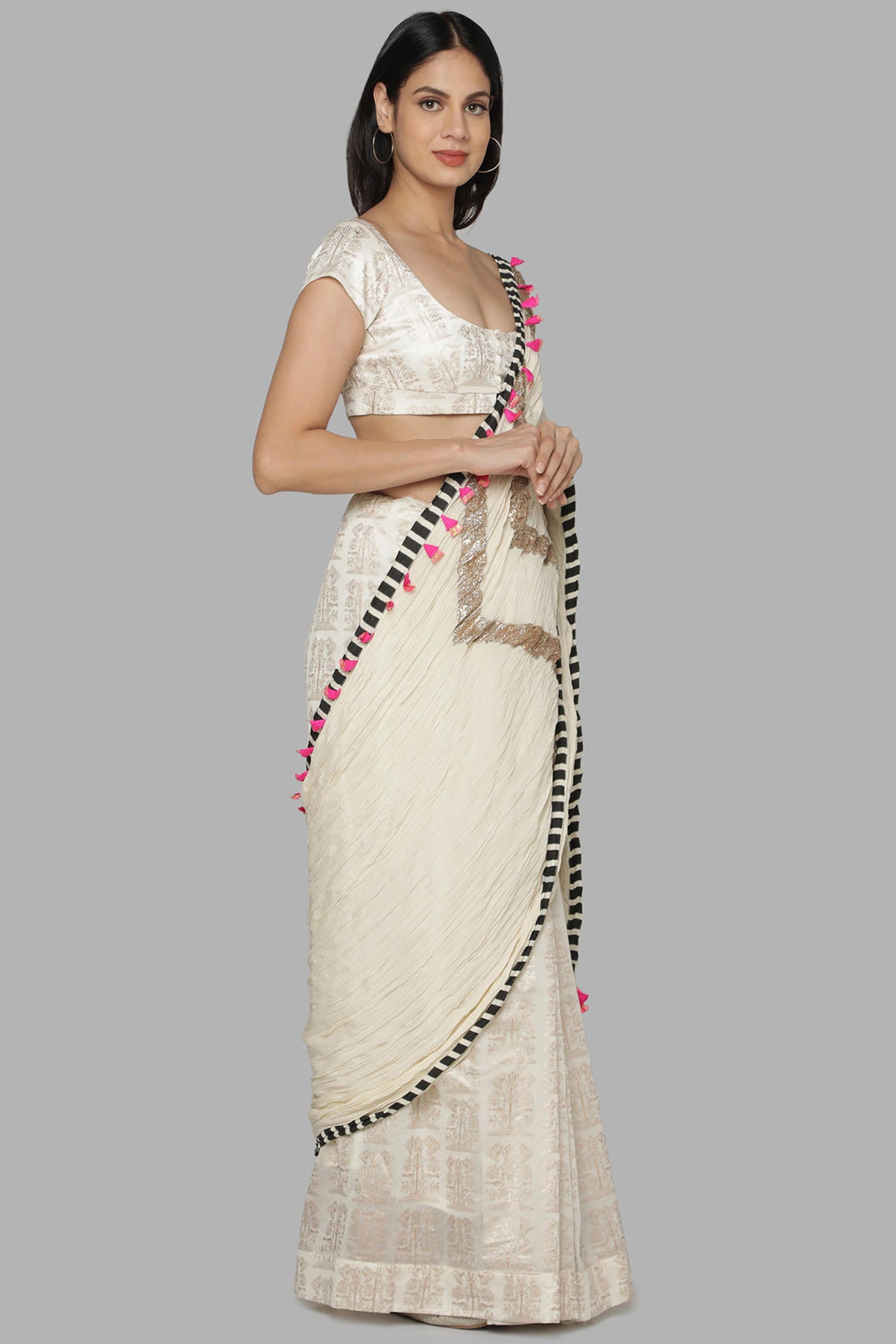 Masaba Ivory Bunch Of Birds Crinkle Gota Sari festive indian designer wear online shopping melange singapore