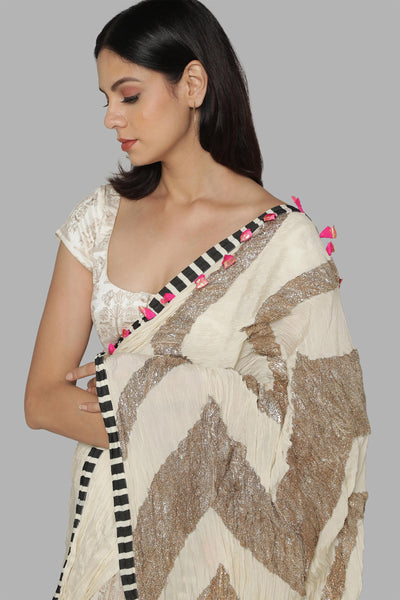 Masaba Ivory Bunch Of Birds Crinkle Gota Sari festive indian designer wear online shopping melange singapore